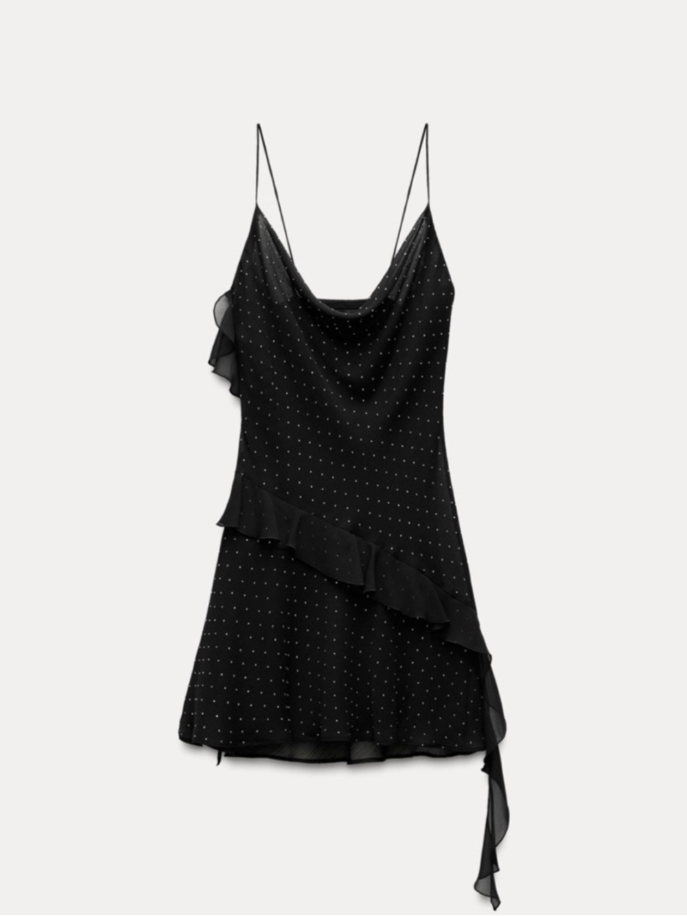 Black Rhinestone Ruffle Slip Dress